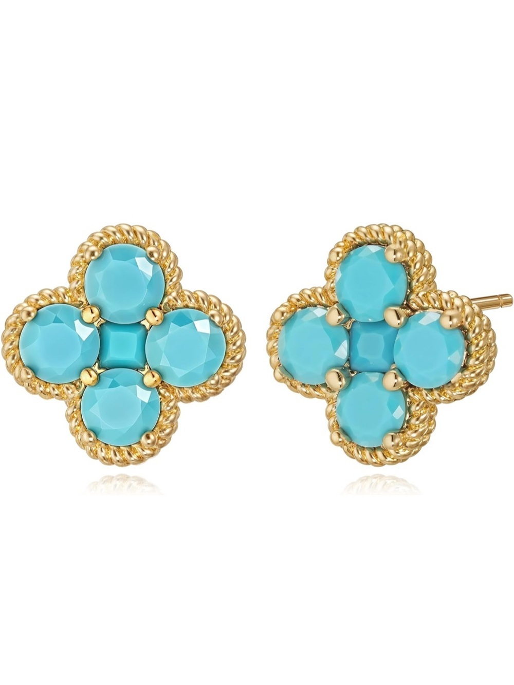 14K Gold Plated Turquoise Blue Clover Stud CZ Earrings